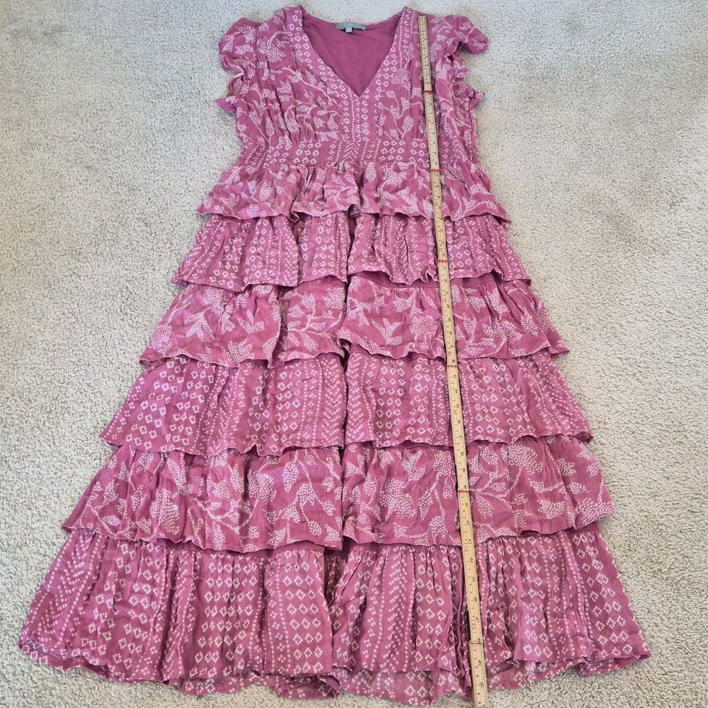 J Gee Tiered Ruffle Maxi Dress Womens 1X Pink Block Print Smocked Gypsy Boho - Picture 3 of 10